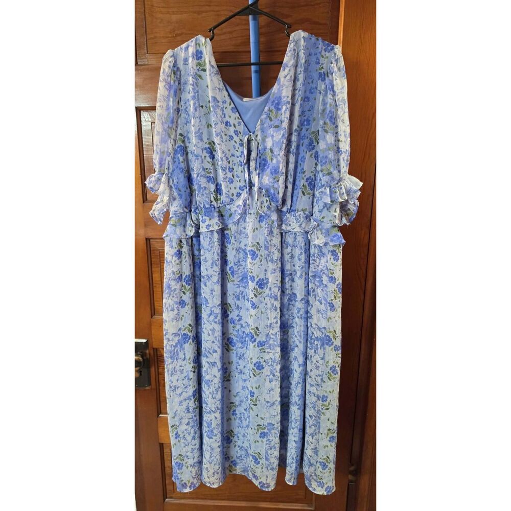 LC Lauren Conrad 3X Blue Floral Ruffle Midi Dress Puff Sleeve Cottagecore